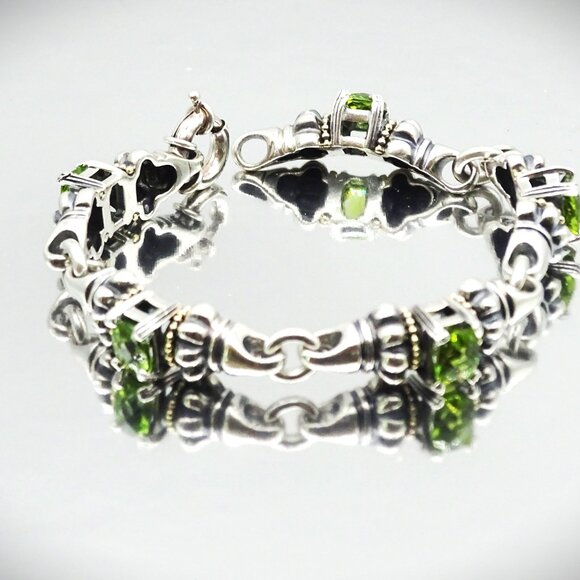 LAGOS Caviar Sterling Silver 18K Yellow Gold Faceted Green Peridot Link Bracelet - Picture 4 of 13